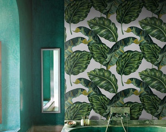 Monstera Green Exotic Pattern, removable wallpaper - delicate art wall, self adhesive, watercolor wall decor, contemporary wallpaper #110M