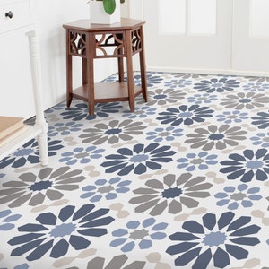 Old Geometric Flowers Vibes Vinyl Flooring, White Ideas For Work, Blue Vivid Colors Inks, Modern Living Room Decoration, Floor Protector