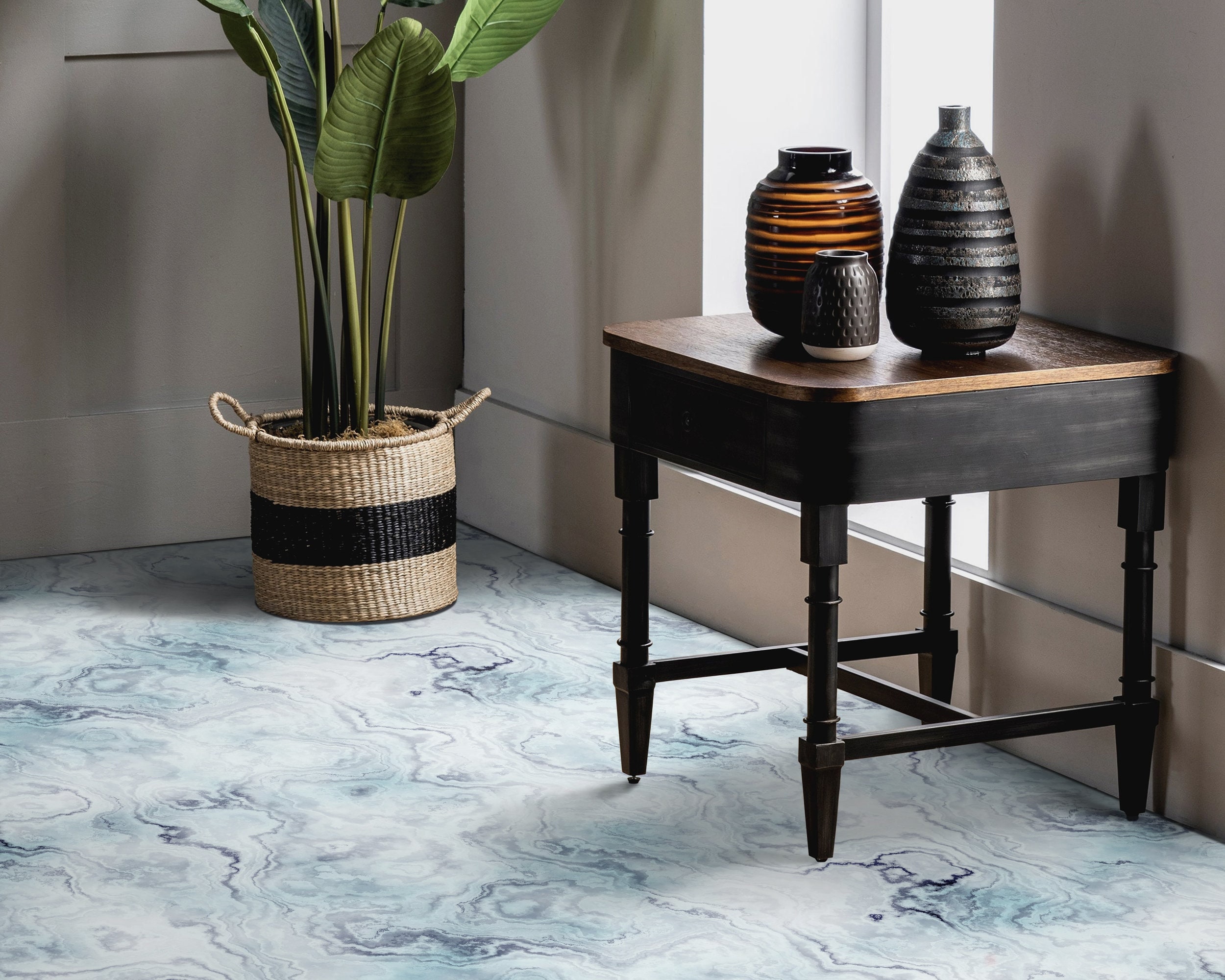 Photo inspiration: Picture Idea: Ink Splash Texture Marble Vinyl Flooring Blue Kitchen Makeover White