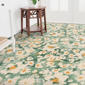 Painting Meadow Spring Vibes Vinyl Flooring, Green Retro Floor Cover, White Flooring Decor, Flowers Modern Flooring, Baby Shower Ideas