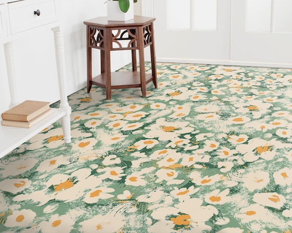 Painting Meadow Spring Vibes Vinyl Flooring, Green Retro Floor Cover, White Flooring Decor, Flowers Modern Flooring, Baby Shower Ideas