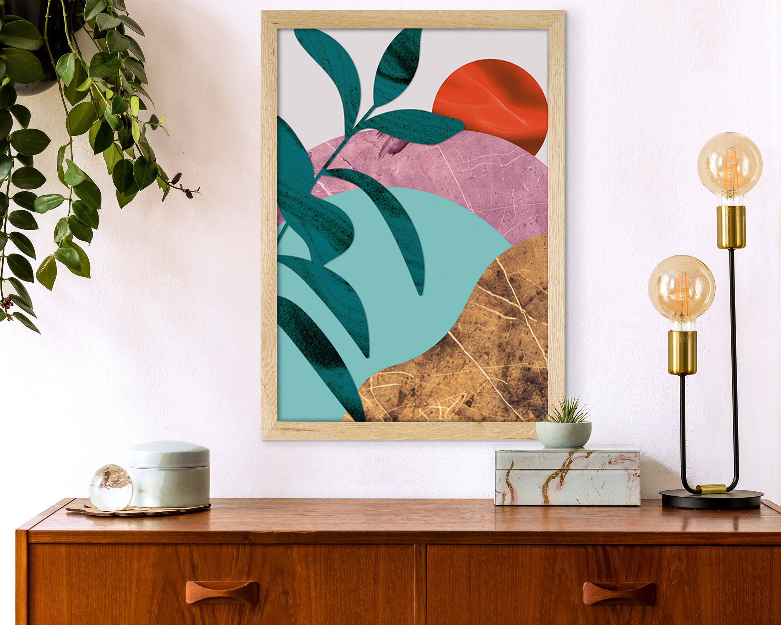 Green Leaves And Red Sun Poster, Blue Print, Bronze Wall Art, Plants Art Print, Wall Decor, Wall Decoration, Canvas Print, Housewarming Gift
