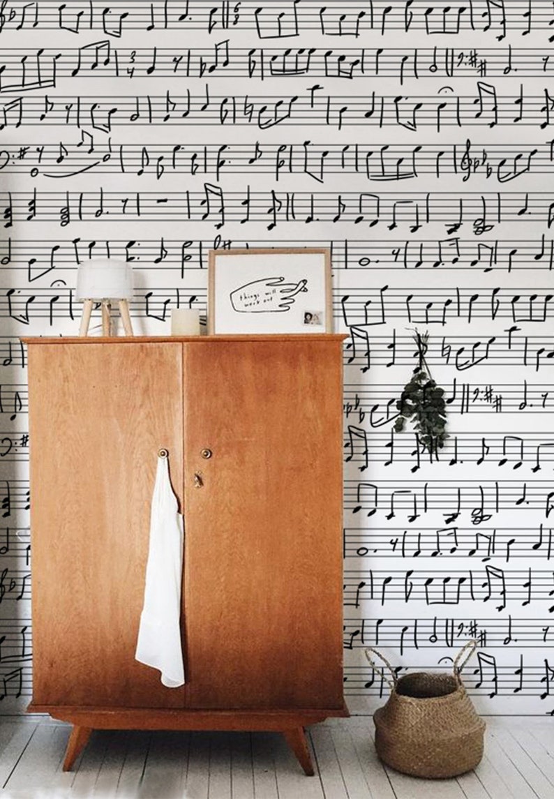Notes removable wallpaper Music wall art, Musician wall mural, Black and white wall art, Wallpaper roll, Seamless pattern wall mural 59M image 2