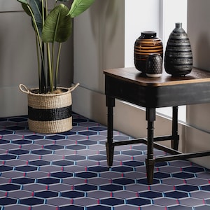 Hexagon Bauhaus Abstract Vinyl Flooring, Blue Sheet Vinyl Flooring, Pink Eco Friendly Floor, Honeycomb Living Room Decoration