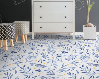 Boho Licht Hochzeit Muster Vinylboden, Weiß Retro Bodenbelag, Blau pflegeleicht Bodenbelag, Blumen Wohnzimmer Dekoration, PVC-Druck