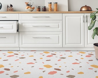 Pisos de vinilo con mosaico brillante de piedra, remodelación de cocina en color beige, pisos de fácil limpieza en color naranja, pisos de láminas de vinilo retro, pisos artísticos