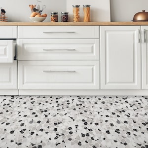 Stone Marble Terrazzo Boho Pattern Vinyl Flooring, Gray Retro Floor Cover, Black Flooring Decor, Stone Modern Flooring, Gift For Her