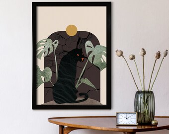 Black Panther Poster, Black Art Print, Green Print, Plants Wall Art, Wall Decor, Poster Print, Canvas Print, Housewarming Gift, Retro Art