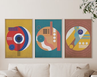 Set Of 3 Posters, Bauhaus Circles Poster, Brown Print, Yellow Wall Art, Abstract Art Print, Bauhaus Poster, Home Decor, Canvas Print