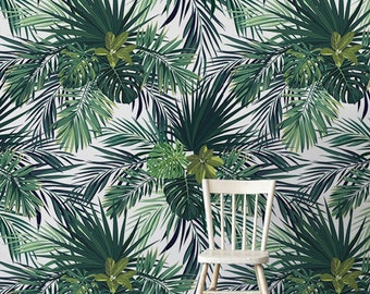 Tropical Green Leaves, removable wallpaper - repositionable, reusable, self-adhesive, wall mural, peel and stick, delicate art wall #203M