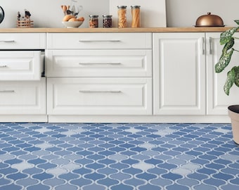Pisos de vinilo estilo porcelanato, arte retro en pisos en azul, pisos personalizados en blanco, inspiraciones para dormitorios marroquíes, ideas para el trabajo