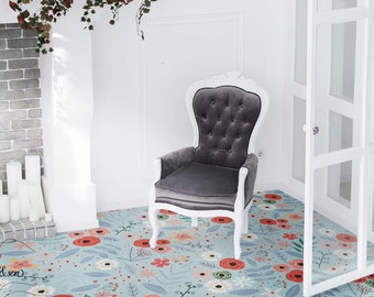 Summer Vinyl Flooring, Pastel Blue Easy To Clean Carpet, Red Boho Rug, Floral Vinyl Area Rug, Bedroom Flooring