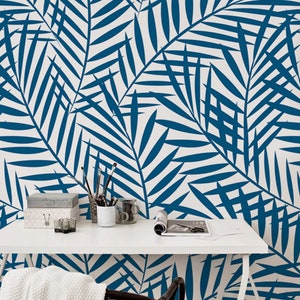 Blue Tropical watercolor feather removable wallpaper - contemporary wall decor, geometric leaves, wall art, self-adhesive wall mural #105M