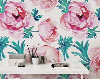 Red Poppy wallpaper - Poppy flower removable wallpaper, Floral wall mural, Watercolor wall decals, Peel and stick, self adhesive #72M