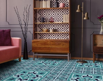 Patchwork Azulejos Tiles Sky Colors Vinyl Flooring, Blue Sheet Vinyl Flooring, Green Flooring Linoleum, Portugal Linoleum In Roll