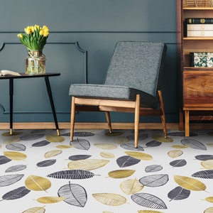 Luxury Leaves Print Vinyl Flooring, White Floor Protector, Blue Custom Flooring, Floral Flooring Decor, High Quality Print, Gift For Her