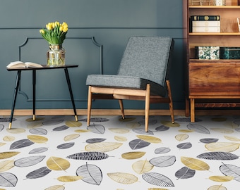 Luxury Leaves Print Vinyl Flooring, White Floor Protector, Blue Custom Flooring, Floral Flooring Decor, High Quality Print, Gift For Her