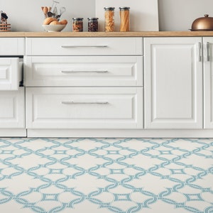 Turkish Minimalist Tiles Decorative Vinyl Flooring, Blue Sheet Vinyl Flooring, Beige Floor Protector, Oriental Pet Friendly, Gift For Her