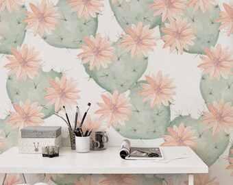 Mexico cactus exotic removable wallpaper - cacti, watercolor, wall decor, tropical, plants, peel and stick, self adhesive wall mural #100M