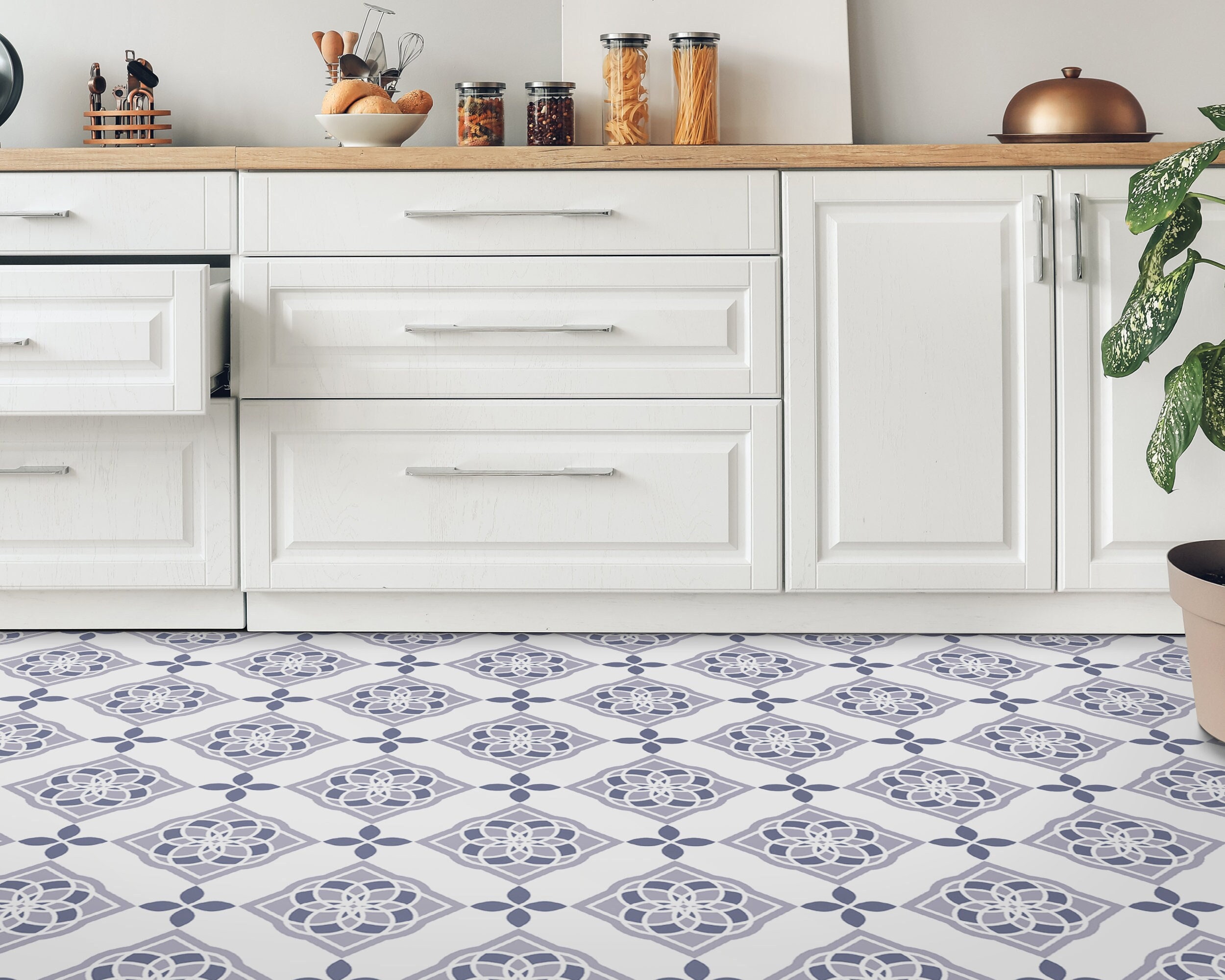 Stained Glass Pattern Vinyl Flooring, Purple Linoleum in Roll, White ...