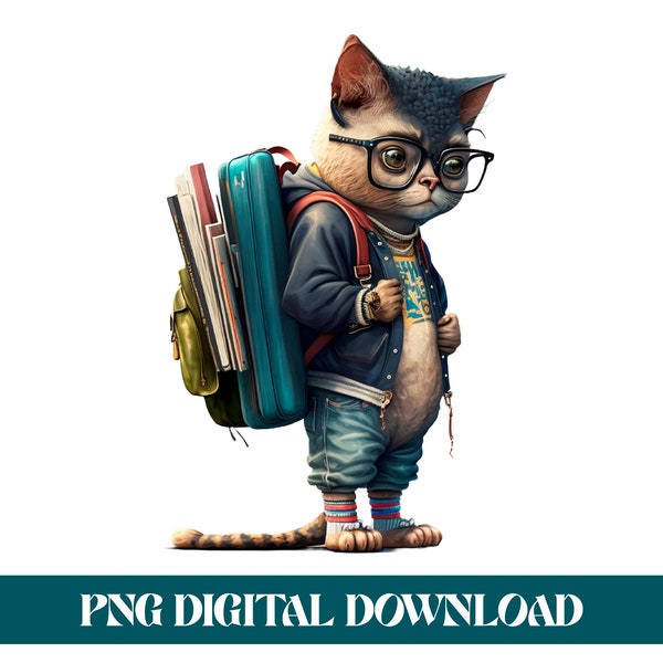 Student Life Inspired PNG Art: Cat in Letter Jacket and Jeans with Book Bag