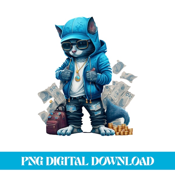 Hustle Hard Get Money Cat PNG Digital Download - Commercial Use - Clothing Design Art