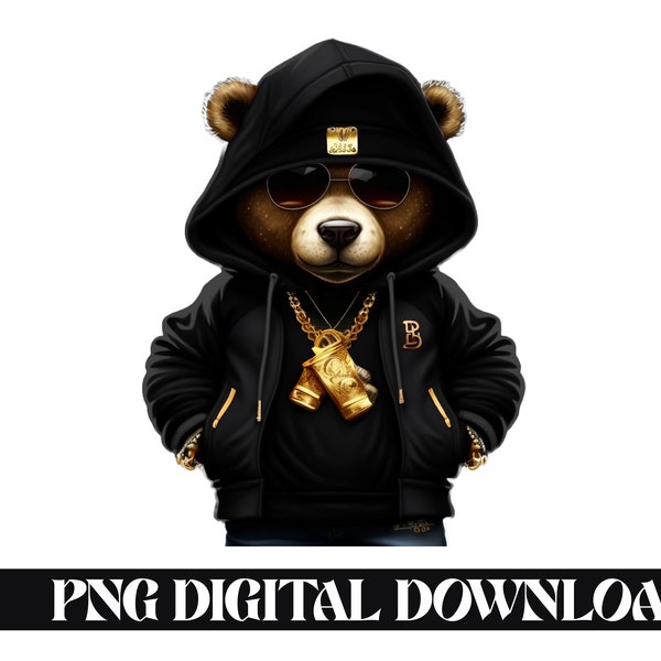 Hustle Hard , All Black Drip Dope Bear Png Style Design: Fresh & Dope Apparel PNG Designs-Commercial Use