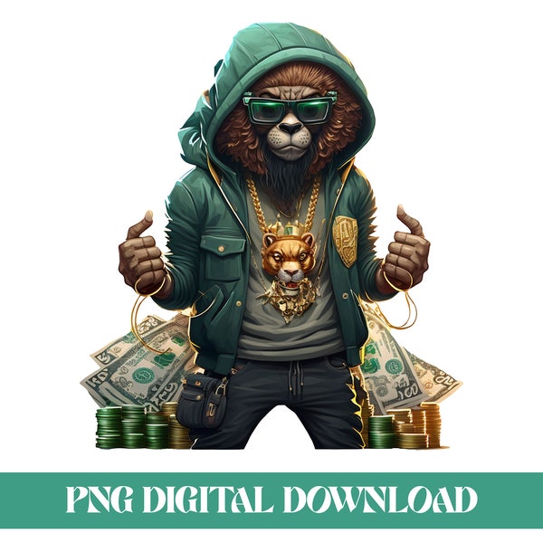 Gangsta Money Lion Png Clip Art - Hip Hop Style PNG Download"- T-Shirt Printing