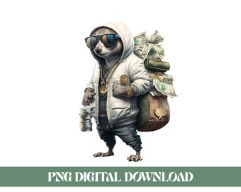 Hip Hop Rabbit Style Digital Design with Money - Money-Making Rabbit PNG Download- Instant Download