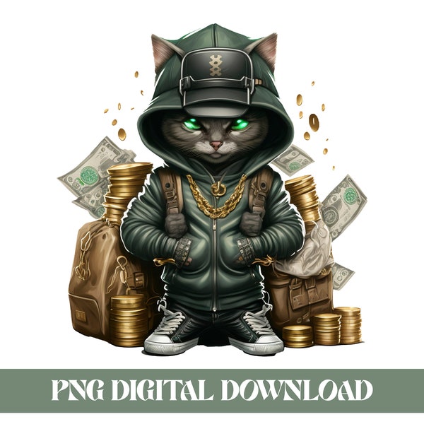 Hustle Hard Fashion Money Cat Design Png - Eye-catching & Unique Apparel PNG Designs- Instant Download