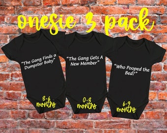 Always Sunny in Philadelphia Parody gift 3 pack Unisex ONESIE® the gang gets a new member Who Pooped the Bed funny Baby Shower Multipack