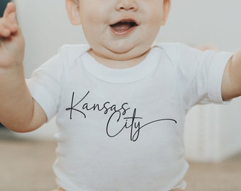 MADE IN KC Kansas City Cursive / Script Gerber onesie® brand unisex 0-24 months baby shower gift bodysuit Football