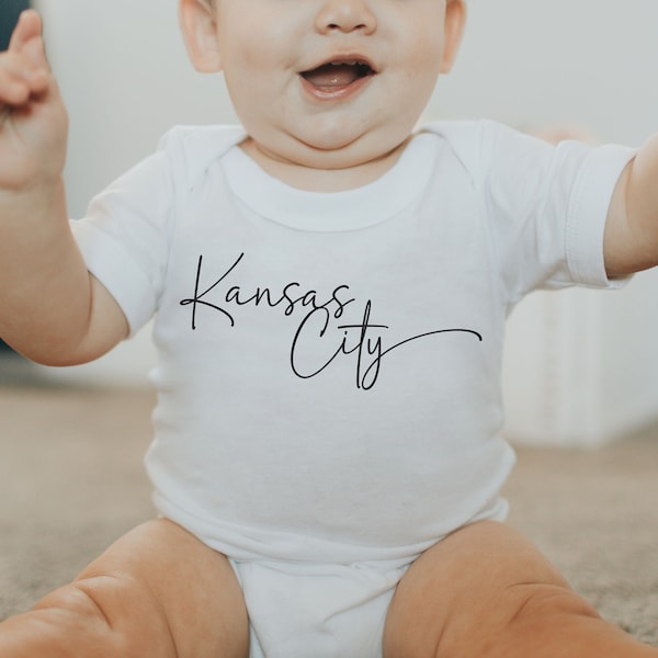 MADE IN KC Kansas City Cursive / Script Gerber onesie® brand unisex 0-24 months baby shower gift bodysuit Football