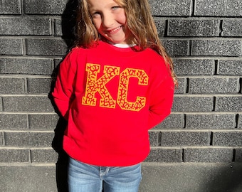 MADE IN KC Toddler Leopard / Cheetah Kansas City Red Sweatshirt Long & Short Sleeve T-Shirt | Perfect for Game Day! | Soft! | Arrowhead