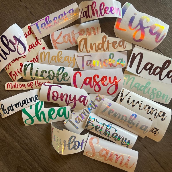 Custom Vinyl Name Decal DIY groomsmen bridesmaid bottle tumbler Holographic -transfer tape included! Name sticker gold