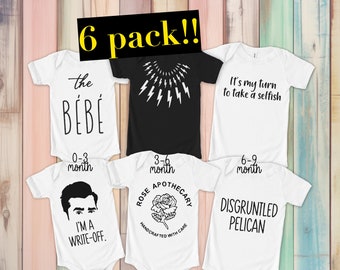 6 Pack ULTIMATE Schitt's Creek Baby Shower / Sprinkle Decor / Gift Gerber ONESIE® brand 0-3 3-6 6-9 months Multipack Bodysuit bebe ew david
