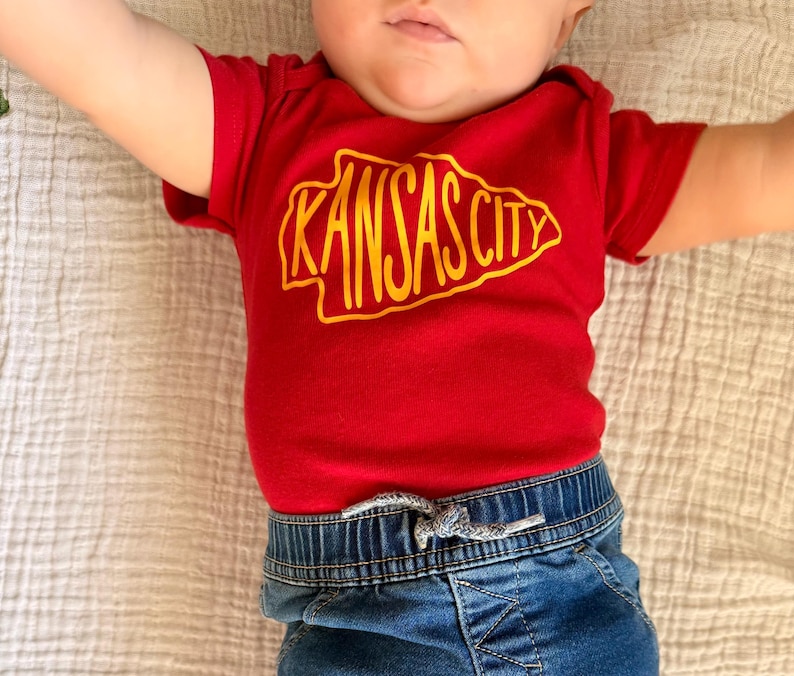 MADE IN KC Kansas City Arrowhead Gerber onesie® brand unisex 0-24 months baby shower gift bodysuit arrowhead Football image 4