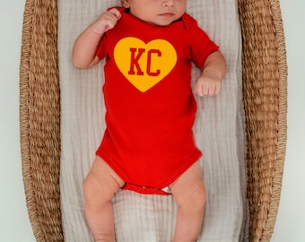 KC Heart | Made in KC! | Gerber onesie® brand unisex | Kansas City Football at Arrowhead | Pick design color! | Perfect Baby Shower Gift!