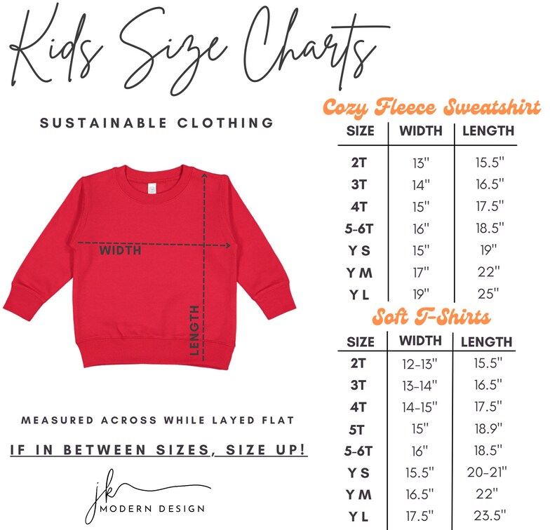 Peut inclure: Tableau des tailles pour v&ecirc;tements d'enfants, comprenant des sweats en polaire douillets et des t-shirts doux. Le tableau indique les tailles de 2T &agrave; YL, avec les mesures de largeur et de longueur correspondantes en pouces.
