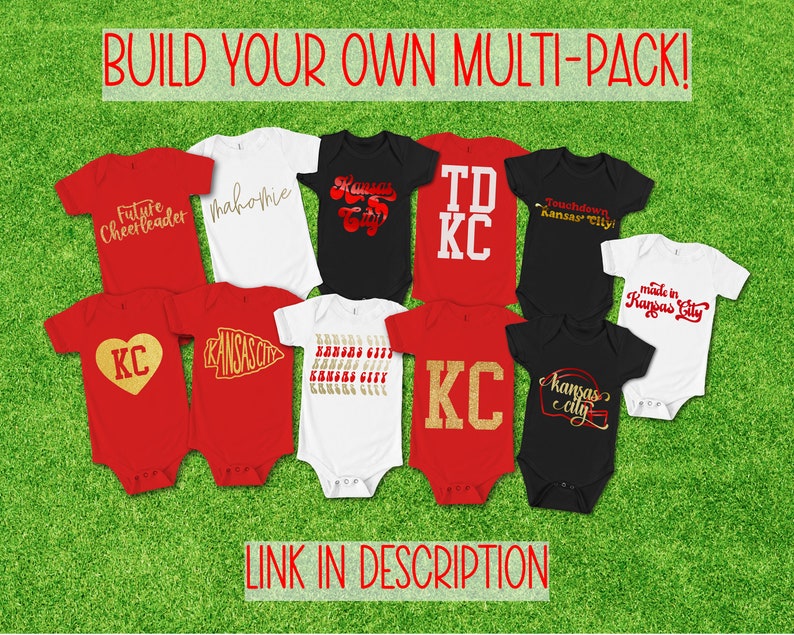 May include: A collection of ten baby onesies with various Kansas City Chiefs themed designs. The onesies are red, white, and black with gold glitter accents. The designs include "Future Cheerleader", "Mahomie", "Kansas City", "TD KC", "Touchdown Kansas City", "Made in Kansas City", "KC", "Kansas City", "KC", and "Kansas City".