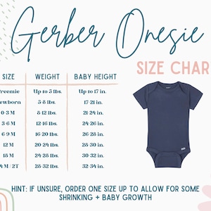May include: A size chart for Gerber onesies, showing the corresponding weight and height for each size, from preemie to 24 months/2T. The chart includes a blue onesie with short sleeves.