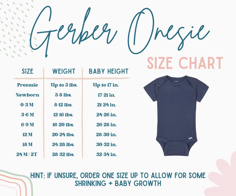 May include: A size chart for Gerber onesies, showing the corresponding weight and height for each size, from preemie to 24 months/2T. The chart includes a blue onesie with short sleeves.
