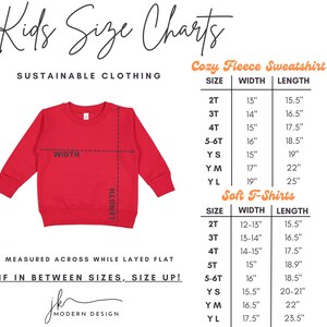 May include: Size chart for kids' clothing, including cozy fleece sweatshirts and soft t-shirts. The chart shows sizes from 2T to YL, with corresponding width and length measurements in inches.