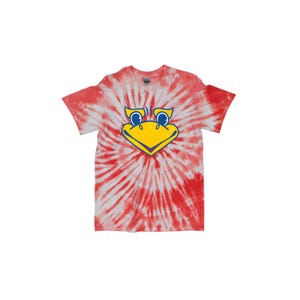May include: Red and white tie-dye t-shirt featuring a yellow and blue cartoon bird graphic. The short-sleeved shirt has a spiral pattern and a crew neck. The bird graphic is centered on the chest.