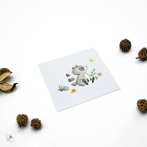 Postkarte mit Waschbär-Print / Aquarell / Quadratisches Format 9,8 x 9,8 cm / 300g Poskartenkarton / Rückseite unbedruckt