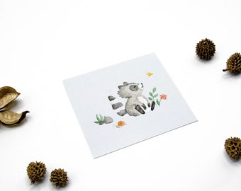 Postkarte mit Waschbär-Print / Aquarell / Quadratisches Format 9,8 x 9,8 cm / 300g Poskartenkarton / Rückseite unbedruckt