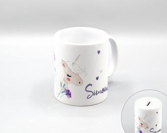 Tasse oder Spardose mit Einhorn-Aufdruck / weiß / personalisierbar / Keramik / Füllvolumen 350 ml / Größe: 8 x 9,5 cm
