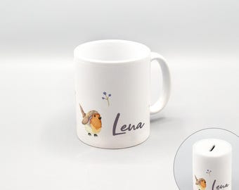 Tasse oder Spardose mit Rotkehlchen-Aufdruck / weiß / personalisierbar / Keramik / Füllvolumen 350 ml / Größe: 8 x 9,5 cm
