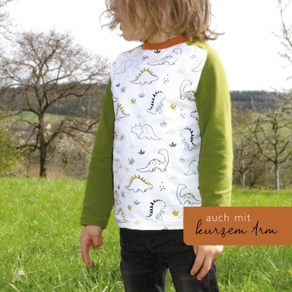 Raglan-Shirt mit Dino-Print und moosgrünen Ärmeln / kurzarm oder langarm / Größe 80, 86, 92, 98, 104, 110, 116, 122, 128 / Bio-Jersey