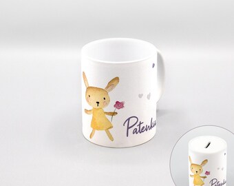 Tasse oder Spardose mit Häschen-Aufdruck / weiß / personalisierbar / Keramik / Füllvolumen 350 ml / Größe: 8 x 9,5 cm